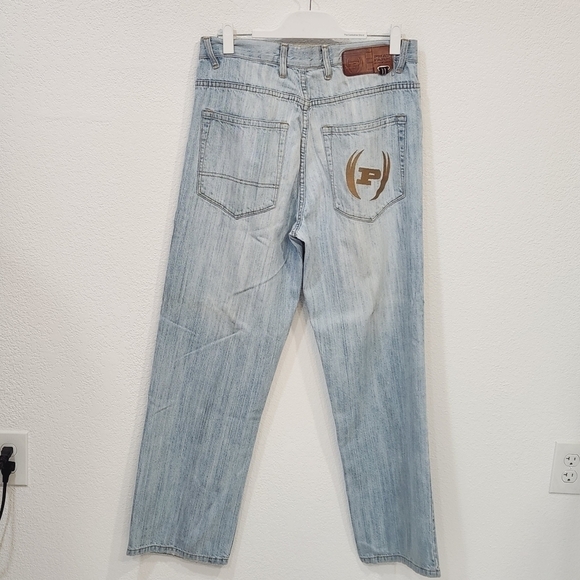 PHAT Farm Y2K Baggy Wide Pipe Leg Skater Light Blue Denim Mens Jeans 34x33 - Picture 6 of 13